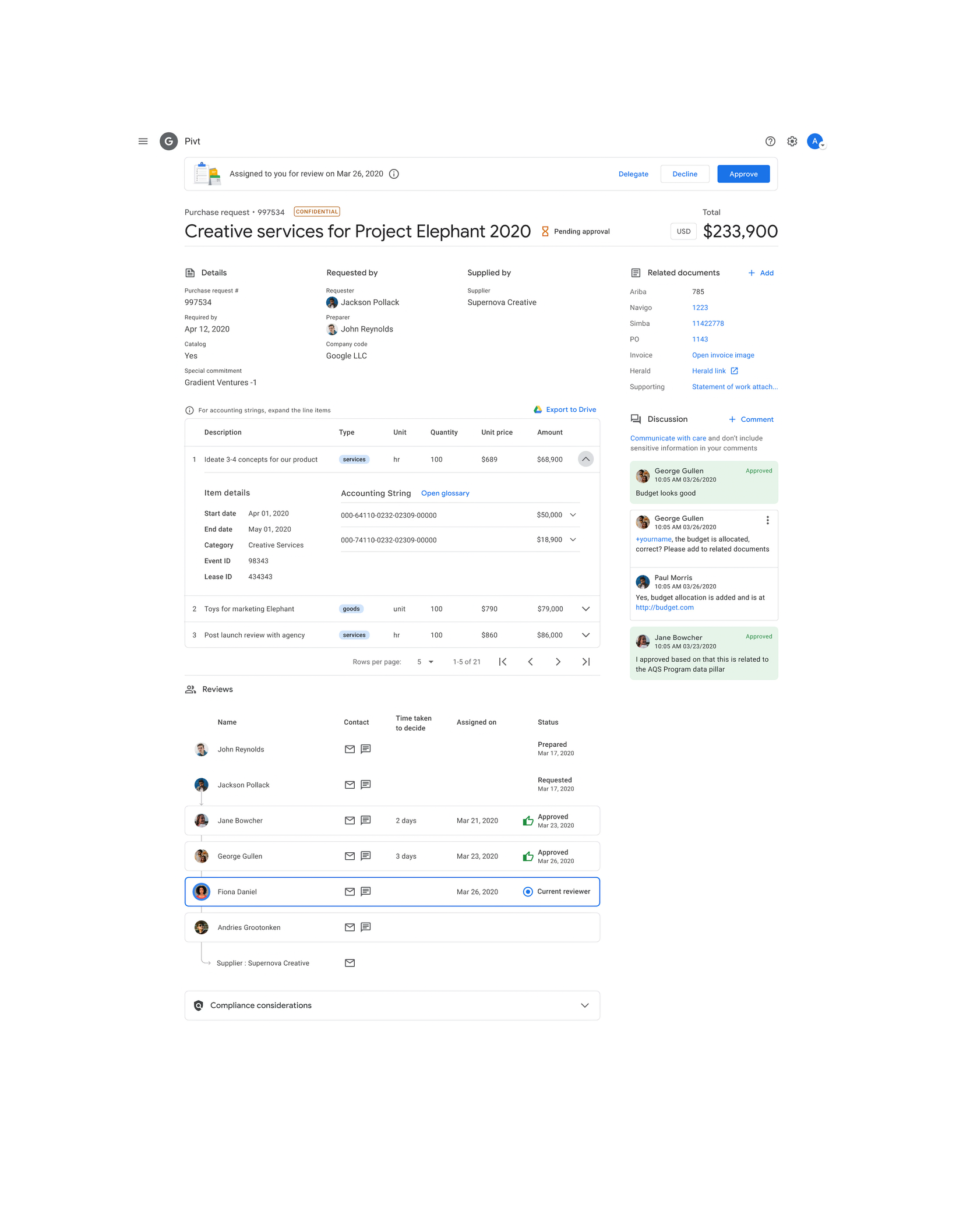 Google Finance purchase request and approval interface